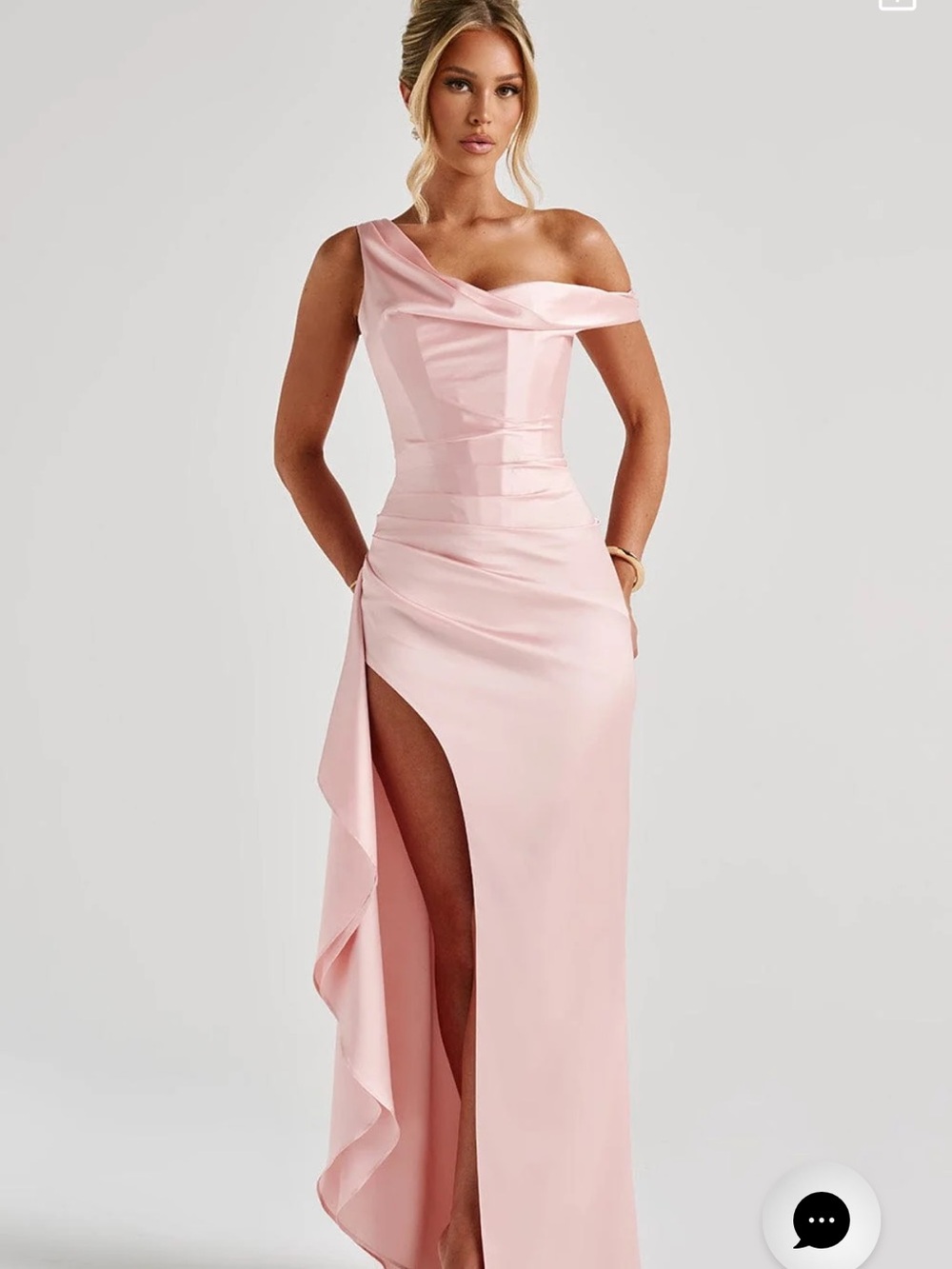 One-Shoulder Blush Satin Evening Dress with Side Drape